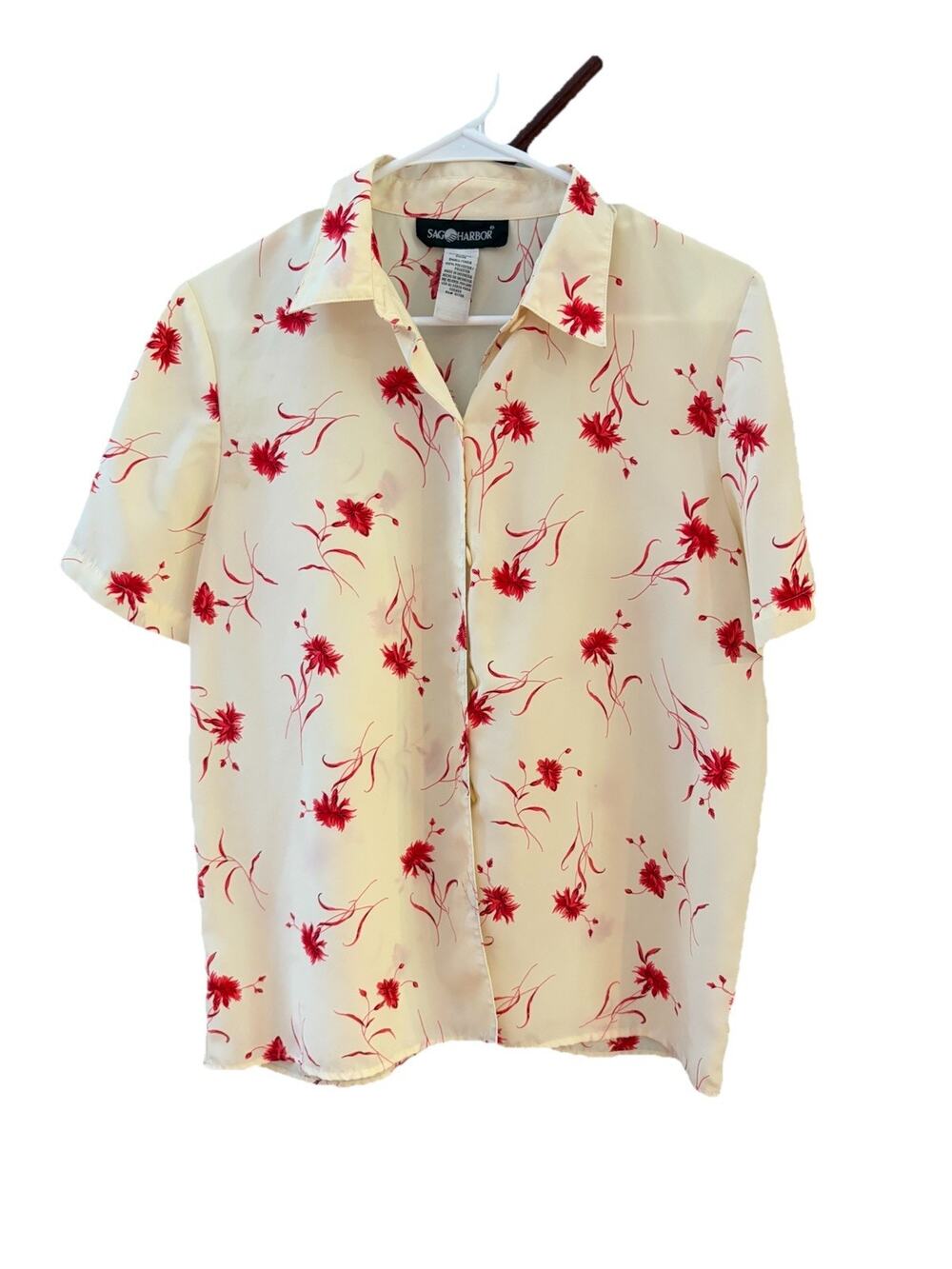 Vintage Sag Harbor Button Down Short Sleeve Shirt With Red Flowers
